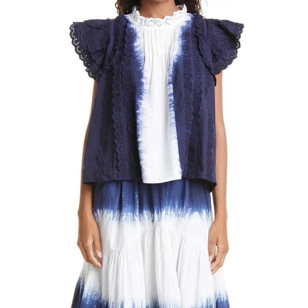 sea "Evelyn" Cotton Tie Dye Blouse Top New Blue White Eyelet Lace Ruffles